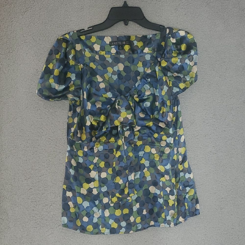 Lafayette 148 New York Blue and Green Polka Dot Blouse